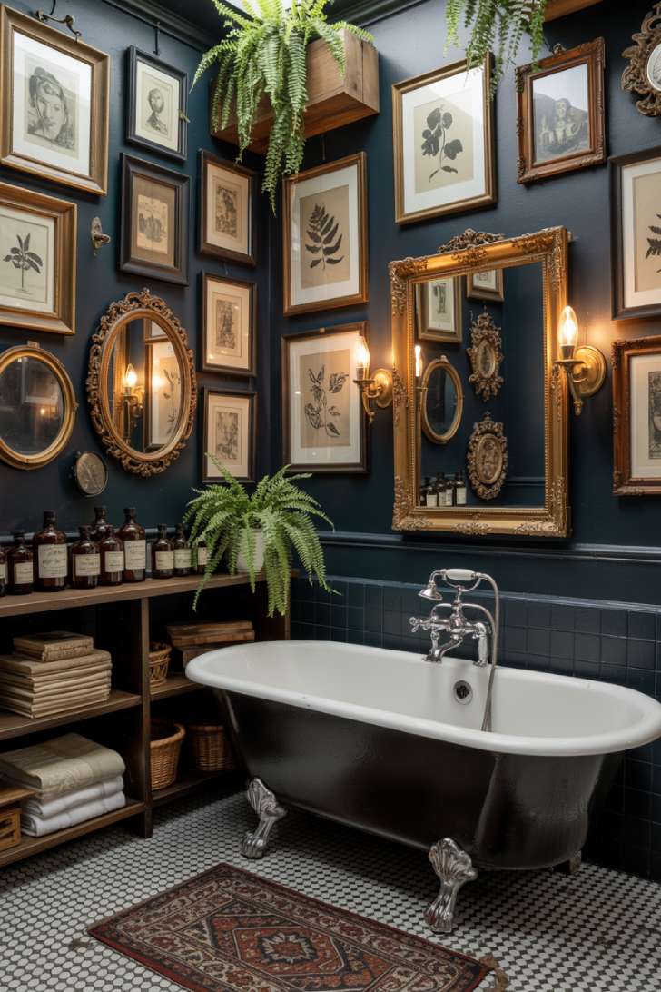 13 Fierce Vintage Maximalist Decor Ideas for a Bolder Space 10 Vintage maximalist bathroom with navy walls, clawfoot tub, brass fixtures, botanical prints gallery wall, and penny tile floors