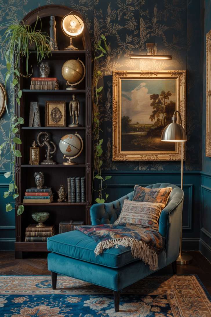 13 Fierce Vintage Maximalist Decor Ideas for a Bolder Space 11 Moody vintage maximalist living room corner with deep teal chaise lounge, dark botanical wallpaper, and ornate landscape painting
