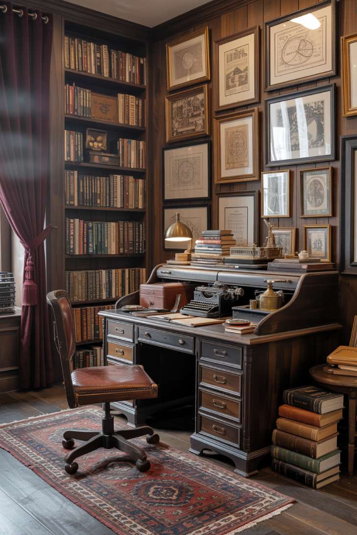 13 Fierce Vintage Maximalist Decor Ideas for a Bolder Space 12 Vintage maximalist home office with antique roll-top desk, dark wood paneling, floor-to-ceiling bookshelves, and oxblood leather chair