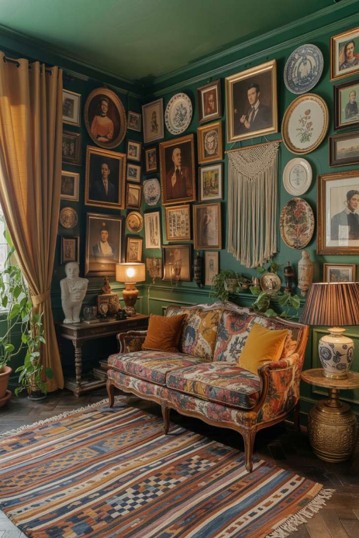 13 Fierce Vintage Maximalist Decor Ideas for a Bolder Space 13 Richly layered vintage maximalist sitting room with floral sofa, kilim rug, striped curtains, floor-to-ceiling gallery wall, and forest green ceiling