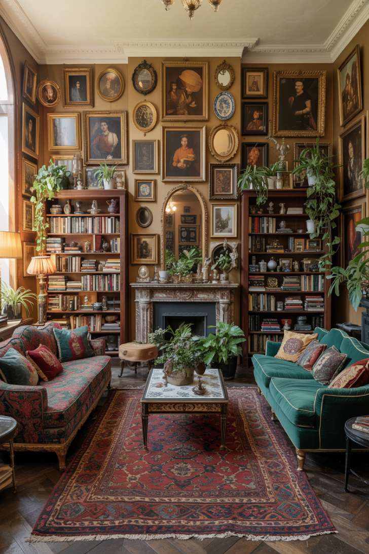 A vintage maximalist living room decor