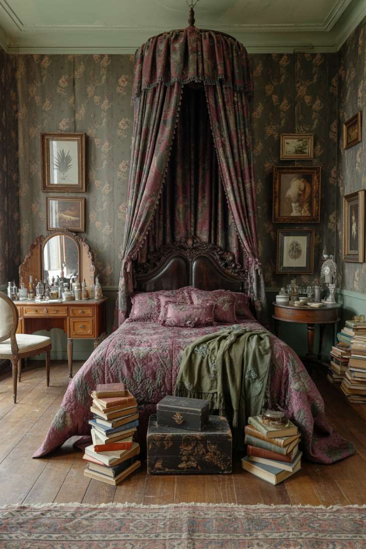 13 Fierce Vintage Maximalist Decor Ideas for a Bolder Space 2 Dark mahogany four-poster bed with rich brocade fabrics, antique vanity, and floral wallpaper in a maximalist bedroom