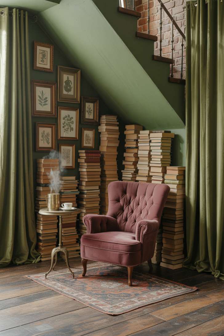13 Fierce Vintage Maximalist Decor Ideas for a Bolder Space 3 Cozy vintage maximalist reading nook under a staircase with tufted burgundy armchair and botanical illustration gallery wall