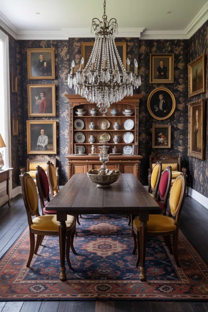 13 Fierce Vintage Maximalist Decor Ideas for a Bolder Space 4 Vintage maximalist dining room with dark oak table, mismatched velvet chairs, crystal chandelier, and dark floral wallpaper