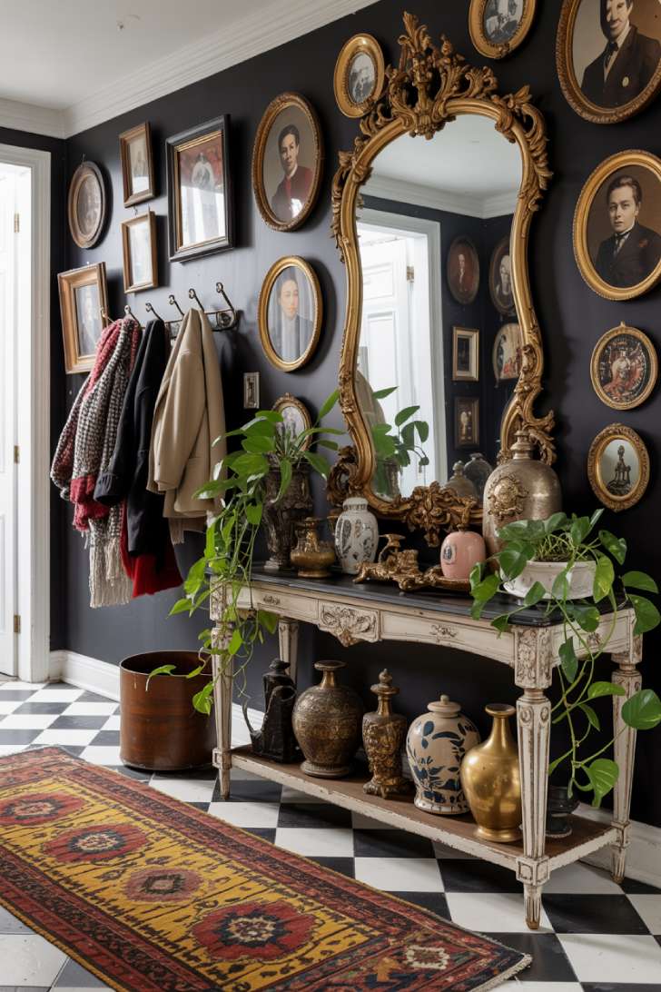 13 Fierce Vintage Maximalist Decor Ideas for a Bolder Space 5 Vintage maximalist entryway with salon gallery wall, baroque gilded mirror, antique console table, and patterned runner rug