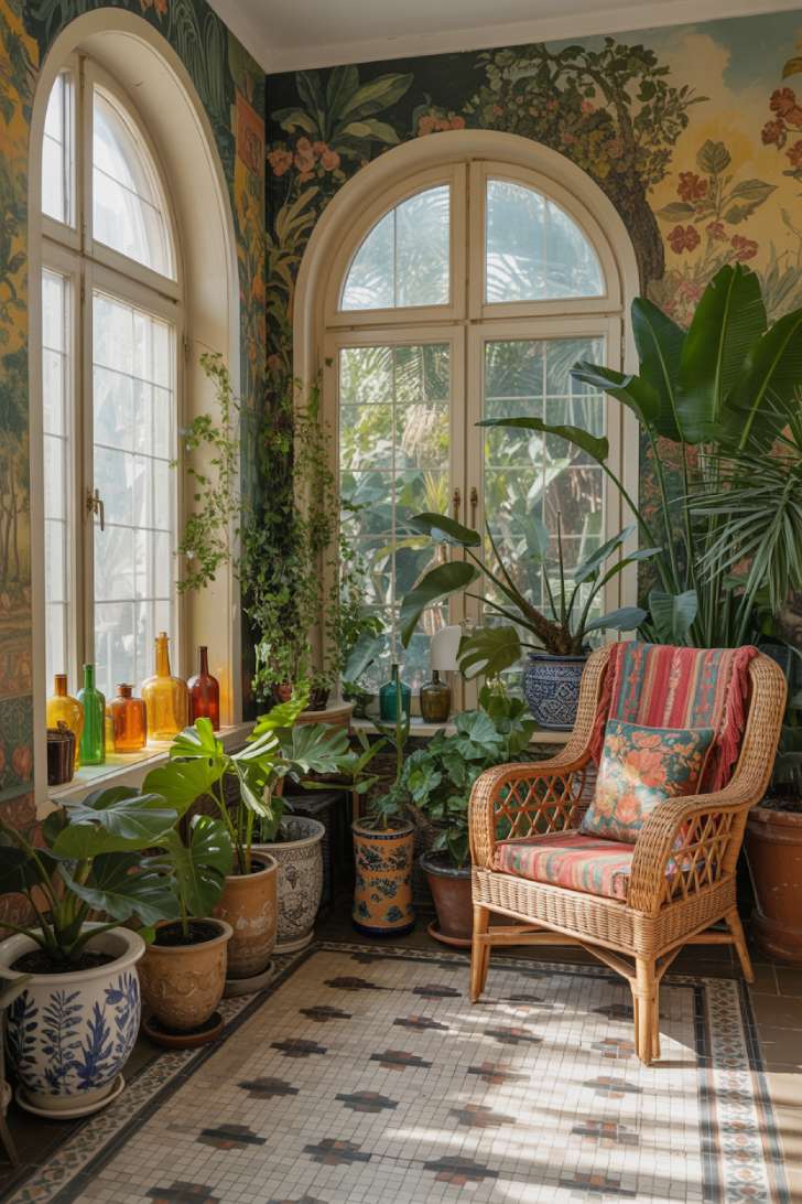 13 Fierce Vintage Maximalist Decor Ideas for a Bolder Space 6 Vintage maximalist sunroom with tropical plants, hand-painted botanical wallpaper, vintage mosaic tile floors, and rattan furniture
