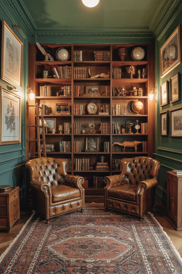 13 Fierce Vintage Maximalist Decor Ideas for a Bolder Space 7 Vintage maximalist home library with dark walnut shelves, leather Chesterfield chairs, hunter green walls, and warm brass sconces