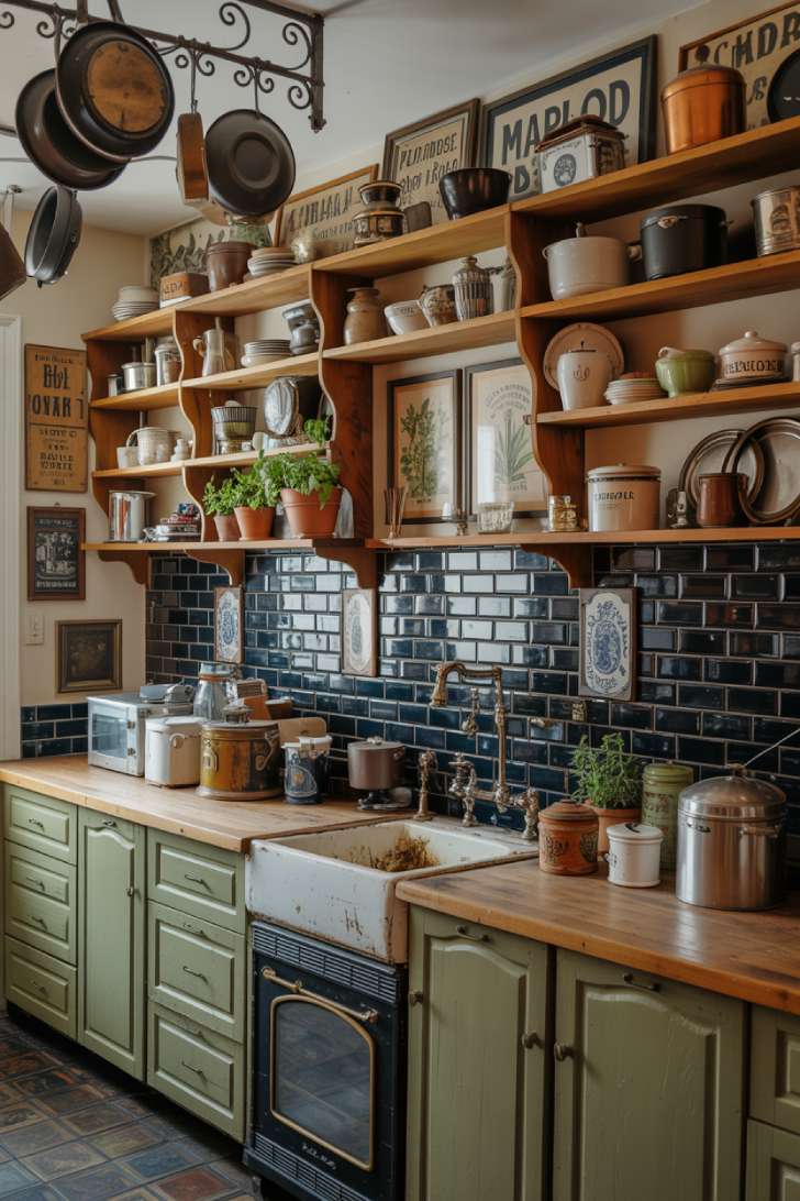 13 Fierce Vintage Maximalist Decor Ideas for a Bolder Space 8 Vintage maximalist kitchen with open wooden shelving, mismatched dishware, copper cookware, and hand-painted tile accents