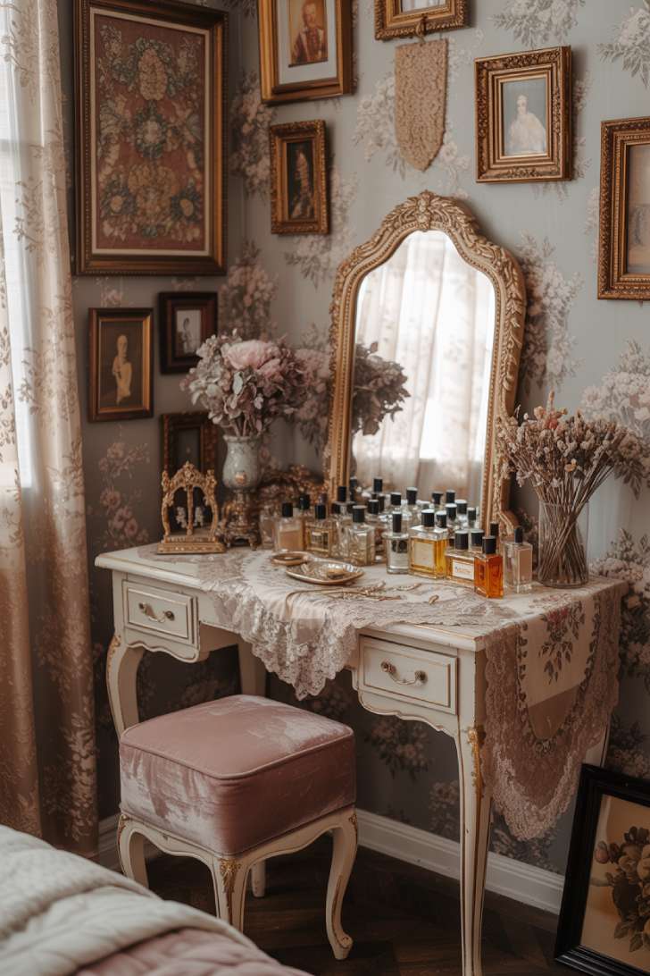13 Fierce Vintage Maximalist Decor Ideas for a Bolder Space 9 Vintage maximalist bedroom vanity corner with ornate gold mirror, antique dressing table, dried flowers, and lace curtains