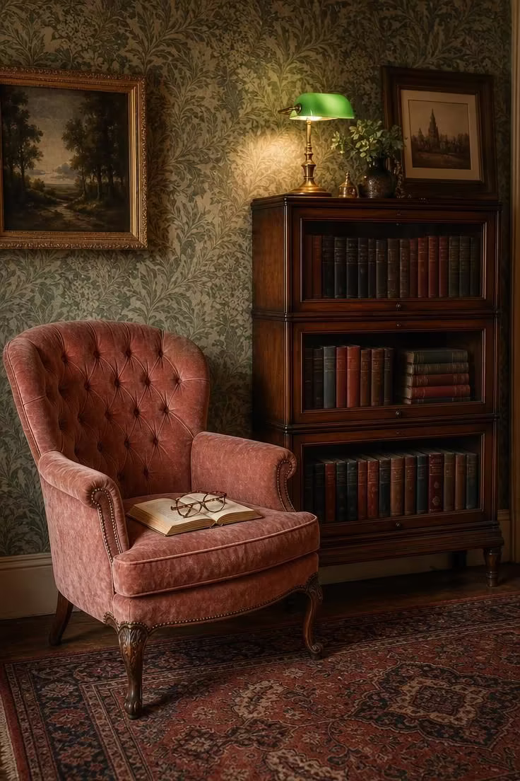 11 Charming Vintage Reading Nook Ideas You Will Love 1 A faded rose velvet tufted armchair beside a glass-front barrister bookcase with brass reading lamp in warm golden light