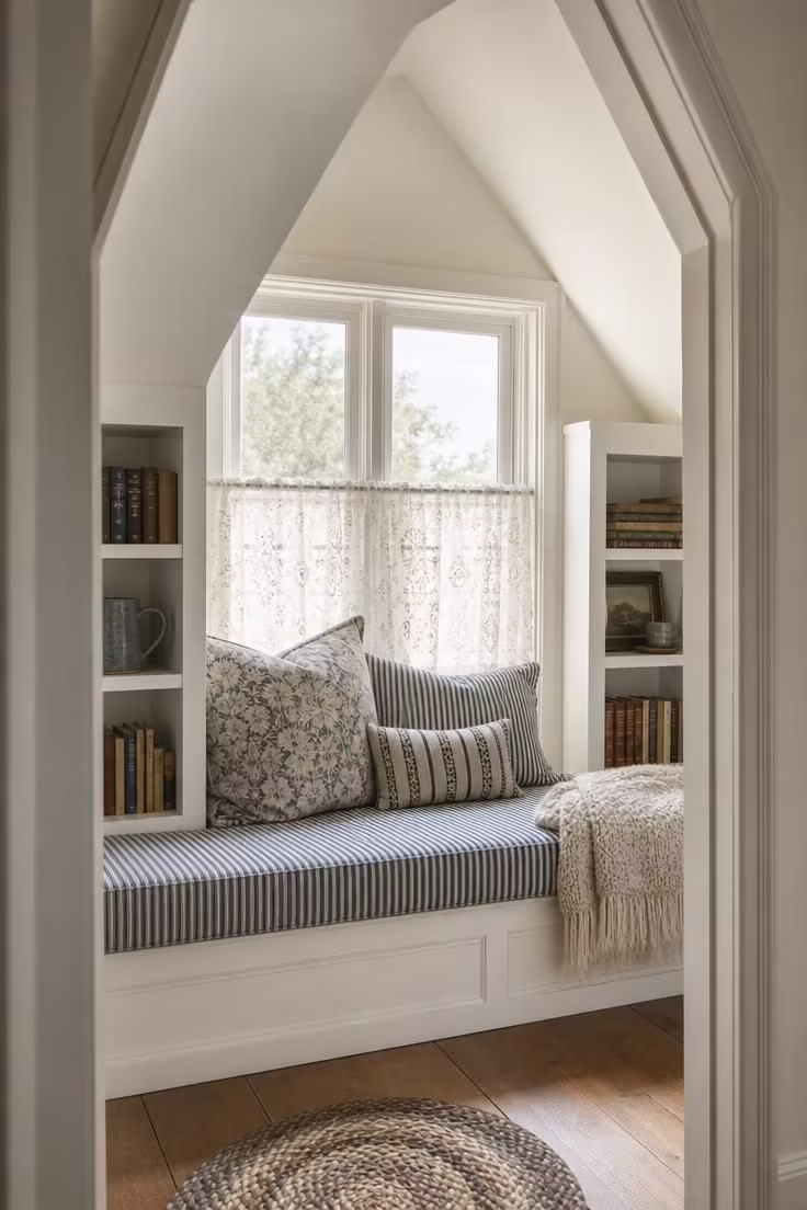 11 Charming Vintage Reading Nook Ideas You Will Love 2 A dormer window seat with navy and cream linen ticking stripe cushions and built-in shelves in soft diffused light