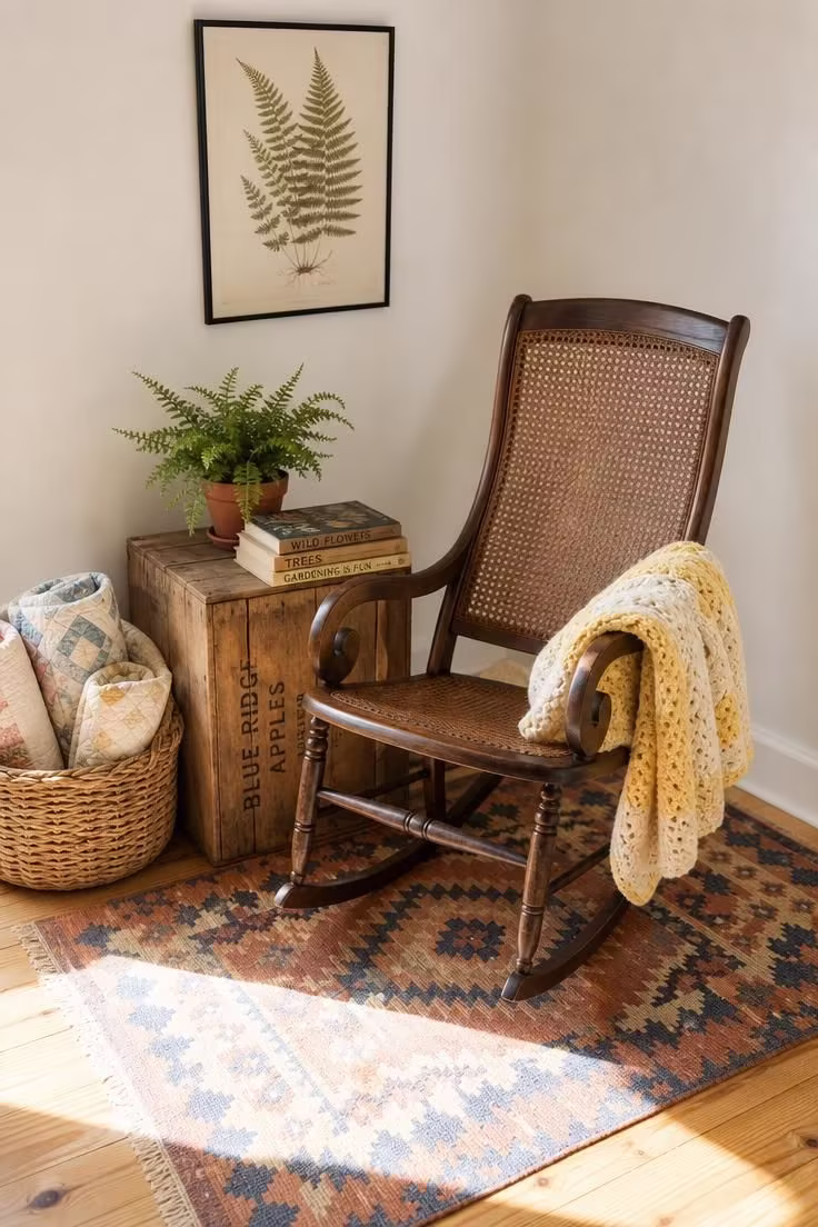 11 Charming Vintage Reading Nook Ideas You Will Love 3 A 1960s cane-back rocking chair on a faded kilim rug in terracotta and indigo with a crocheted afghan and wooden crate side table