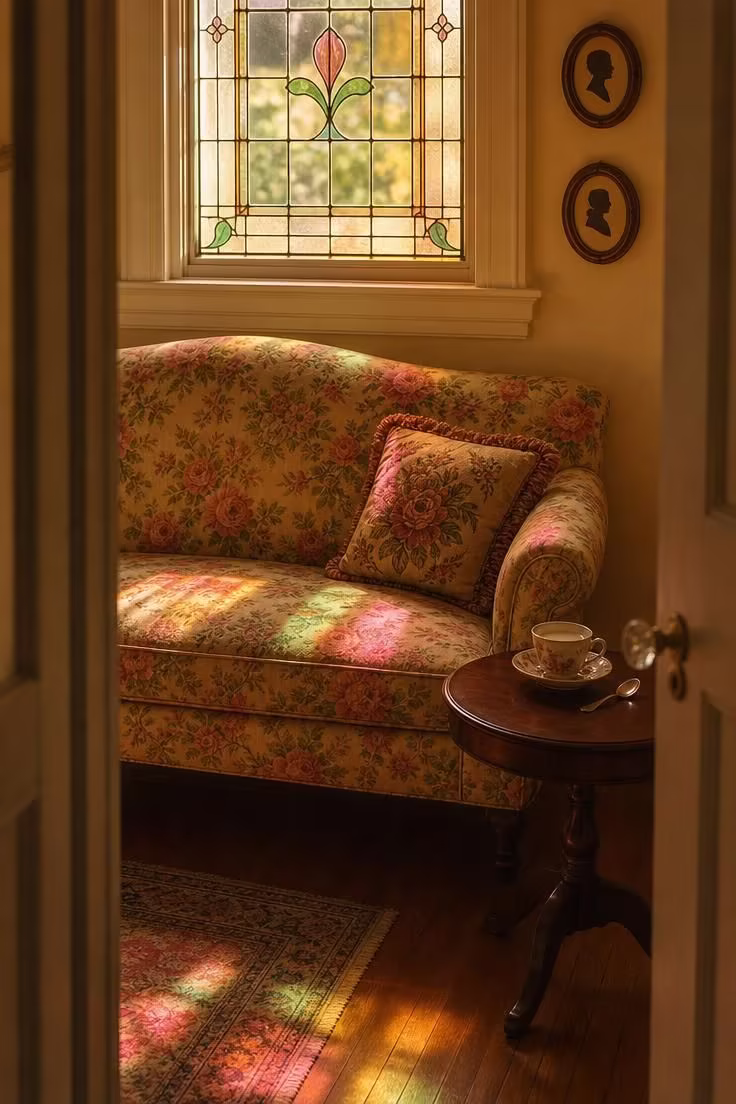 11 Charming Vintage Reading Nook Ideas You Will Love 5 A chintz-covered settee in pink and green floral under a stained glass transom casting colored light with silhouette portraits on the wall