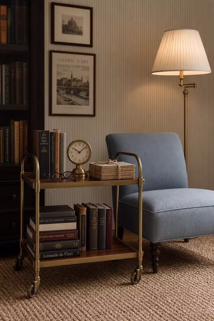 11 Charming Vintage Reading Nook Ideas You Will Love 7 A rolling oak library cart loaded with hardcovers beside a dusty blue linen slipper chair with a pleated silk floor lamp