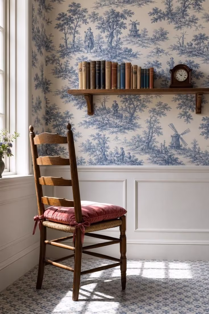 11 Charming Vintage Reading Nook Ideas You Will Love 8 A ladder-back chair with a rush seat and velvet cushion against blue-and-white toile wallpaper with a narrow floating shelf of antique books