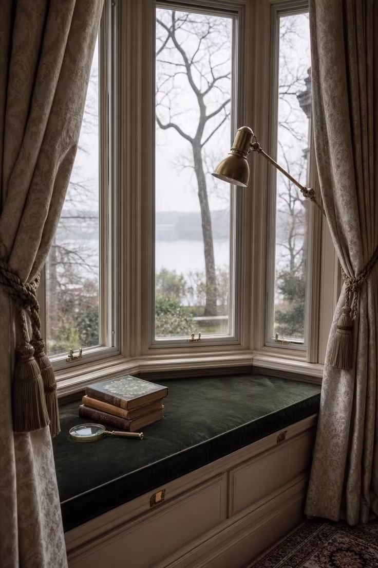 11 Charming Vintage Reading Nook Ideas You Will Love 9 A bay window bench with a deep forest green velvet cushion and cream damask drapes with tassel tiebacks in cool overcast light