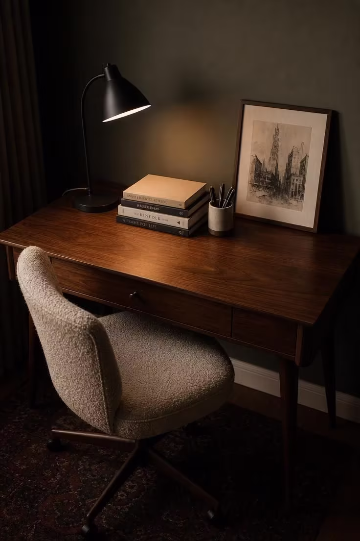 11 Charming Vintage Reading Nook Ideas You Will Love 10 A 1950s walnut writing desk with a bouclé swivel chair and gooseneck lamp against a dark sage wall in moody low light
