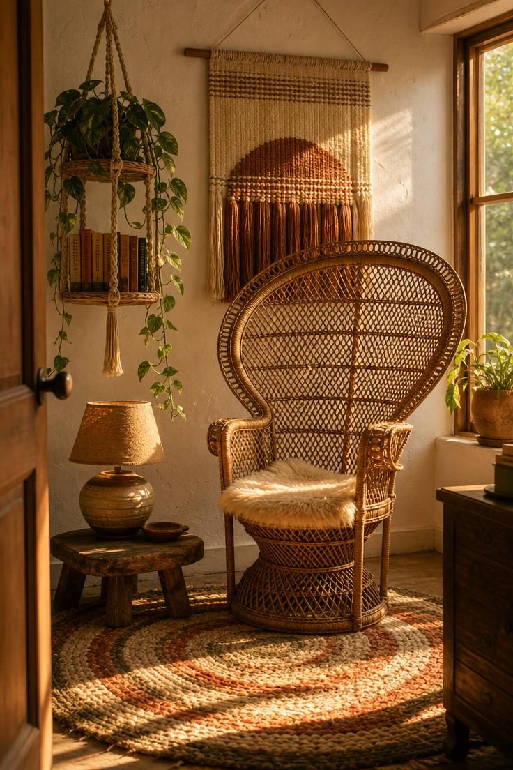 11 Charming Vintage Reading Nook Ideas You Will Love 11 A wicker peacock chair with sheepskin pad on a braided rag rug with a hanging macramé shelf and trailing pothos in warm golden light