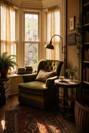 A cozy vintage reading nook in a bay window with a tufted olive velvet armchair, brass pharmacy lamp, worn Persian rug, and stacked cloth-bound books in warm golden afternoon light