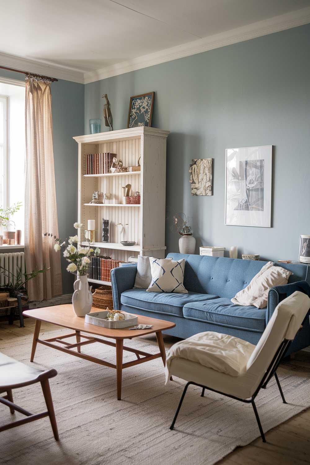 A cozy vintage Scandinavian living room with a blue sofa, a white chair, a wooden coffee table, and a white bookshelf. The room has a beige rug and a few decorative items. The walls are painted in a soft blue hue.