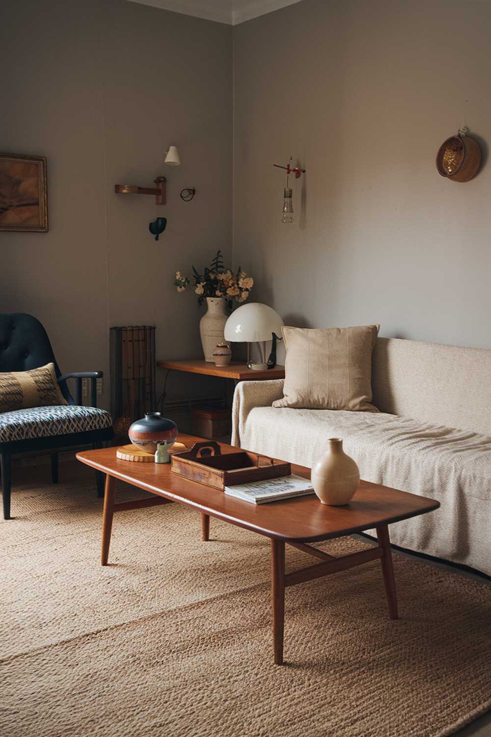 A cozy vintage Scandinavian living room with a beige rug and a wooden coffee table. There are a few items on the table, including a white lamp, a beige vase, and a wooden box. A beige sofa with a few cushions sits along the wall. A dark blue chair with a patterned cushion is placed near the sofa. The walls are painted gray. There are a few decorative items, including a white vase with flowers, a wooden tray, and a ceramic bowl. The room has a warm ambiance.