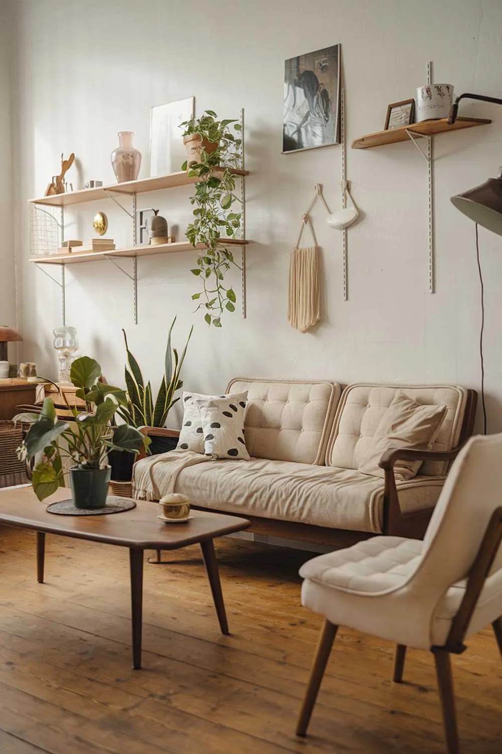 A vintage Scandinavian living room with home decor. There's a beige sofa with cushions, a wooden coffee table, and a white chair. A green plant is placed on the coffee table. There are wooden shelves with decorative items and a lampshade on the wall. The flooring is wooden.