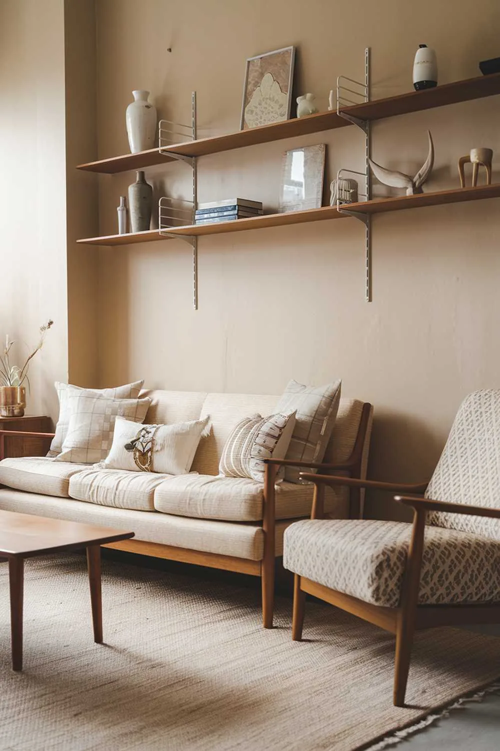 A vintage Scandinavian living room. The room has a beige sofa with a wooden frame and several decorative pillows. There's a beige armchair with a wooden frame and a patterned cushion. A beige rug covers the floor. The walls are painted beige. There are wooden shelves above the sofa. The shelves hold a few decorative items. A wooden coffee table sits in front of the sofa