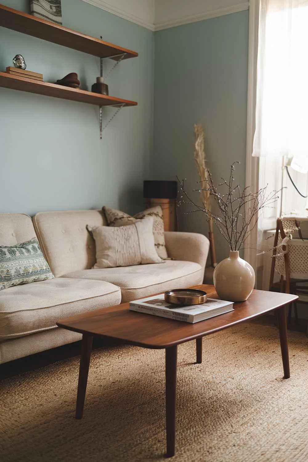 A cozy vintage Scandinavian living room with a beige sofa, a wooden coffee table, and a few decorative items. The walls are painted a soft blue, and there is a beige rug on the floor. There is a wooden shelf above the sofa, holding a few items. The room has a warm ambiance.