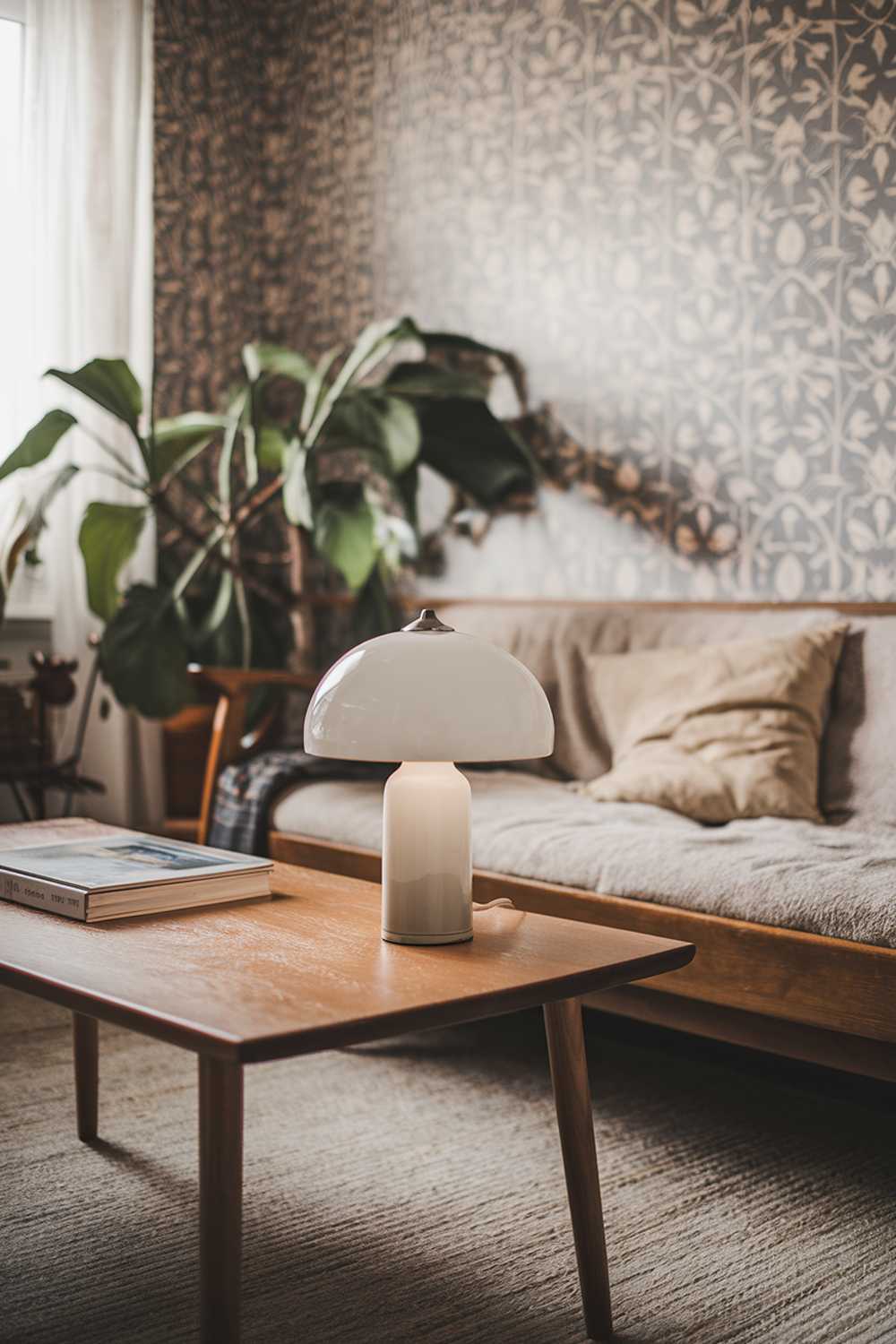 A cozy vintage Scandinavian living room with home decor elements. There is a wooden coffee table with a white lamp on it. A beige sofa with cushions is placed against the wall. There's a green plant near the sofa. The walls have a patterned wallpaper. The floor is covered with a rug.