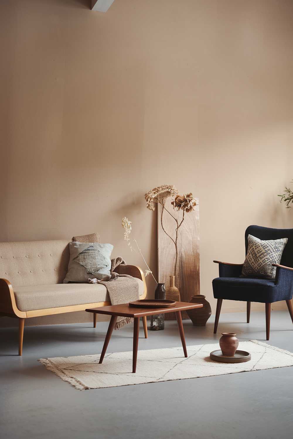 A vintage Scandinavian living room with a warm ambiance. The room features a beige sofa with wooden legs and a few throw pillows. There's a dark blue armchair with a patterned cushion. On the gray floor, there's a white rug. A wooden coffee table sits in the middle of the room. The walls are painted in a soft beige hue. There are a few decorative items, including a vase with dried flowers, a ceramic pot, and a wooden tray.