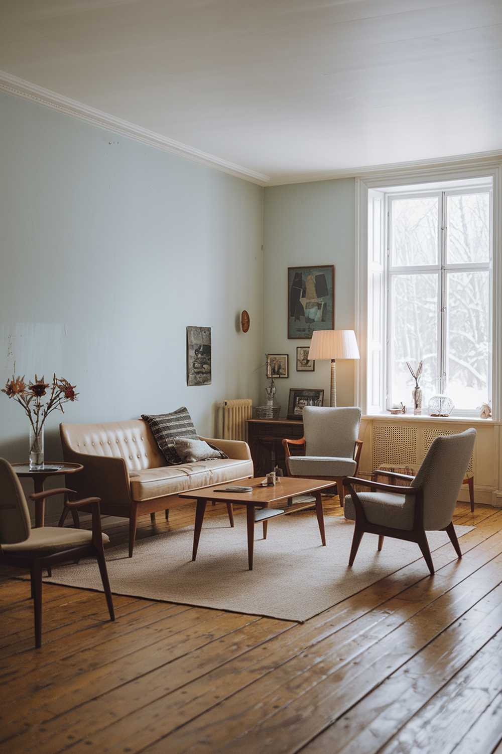 A vintage Scandinavian living room with a wooden floor. There is a beige sofa with a few cushions, a few chairs, a coffee table, and a side table. There are also a few decorative items, such as a vase with flowers and a lamp. The walls are painted in a light blue color. The room has a large window with a view of a snowy landscape.