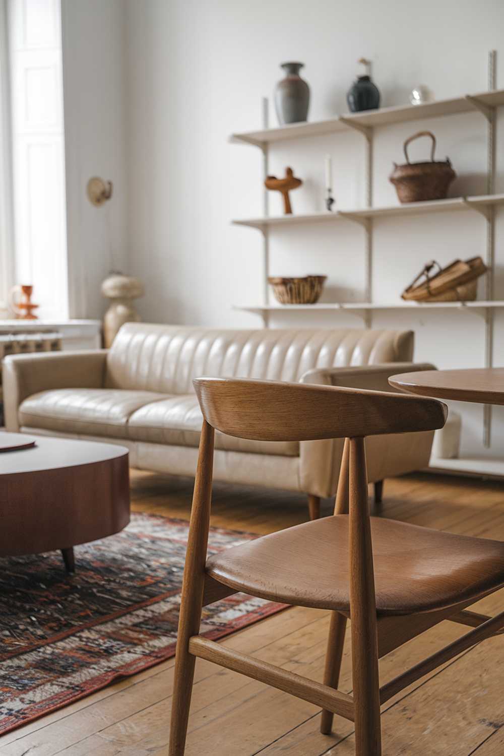 A vintage Scandinavian living room with a close-up shot of a wooden dining chair. The chair has a curved backrest and is placed near a patterned rug. The room has a beige sofa, a brown coffee table, and a white shelf. There are a few decorative items on the shelf, including a vase, a basket, and a candle. The room has wooden floors and white walls.