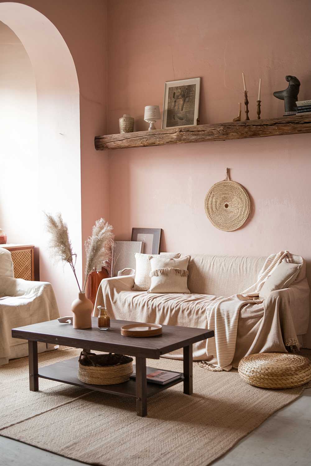 A vintage Scandinavian living room with a warm and cozy atmosphere. The room has a beige sofa with a few cushions, a dark brown coffee table, and a few decorative items. There's a woven basket underneath the coffee table. The walls are painted in a soft pink hue, and there's a rustic wooden shelf above the sofa. The floor is covered with a beige rug.