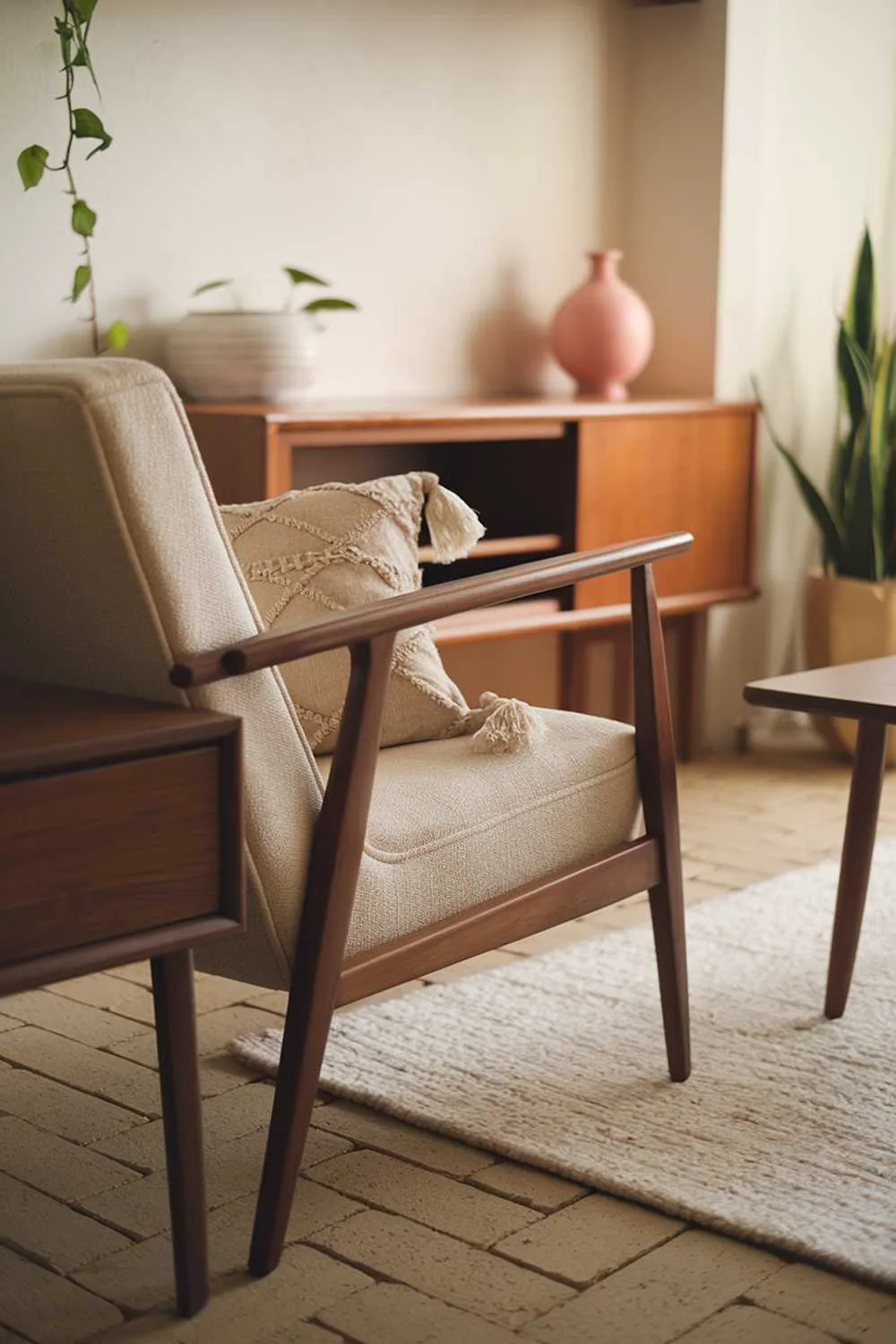 A Scandinavian living room with vintage finds. There's a beige armchair with a wooden frame and a white rug. On the armchair, there's a beige cushion with a geometric pattern. There's a wooden coffee table in the middle of the room. On the wall behind the armchair, there's a wooden shelf with a white planter and a pink vase. There's a green plant in the corner. The flooring is made of beige bricks. The room has a warm ambiance.