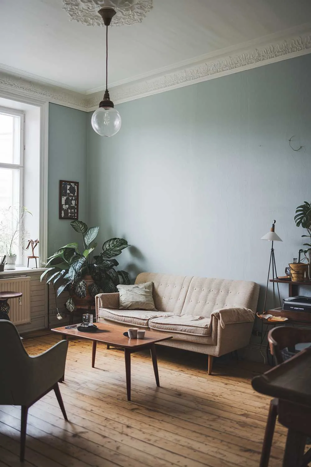 A Scandinavian living room with vintage finds. There's a beige sofa with a few pillows and a wooden coffee table in the middle of the room. The walls are painted in a light blue color. There's a vintage light fixture hanging from the ceiling. The floor is made of wooden planks. There's a potted plant near the sofa.