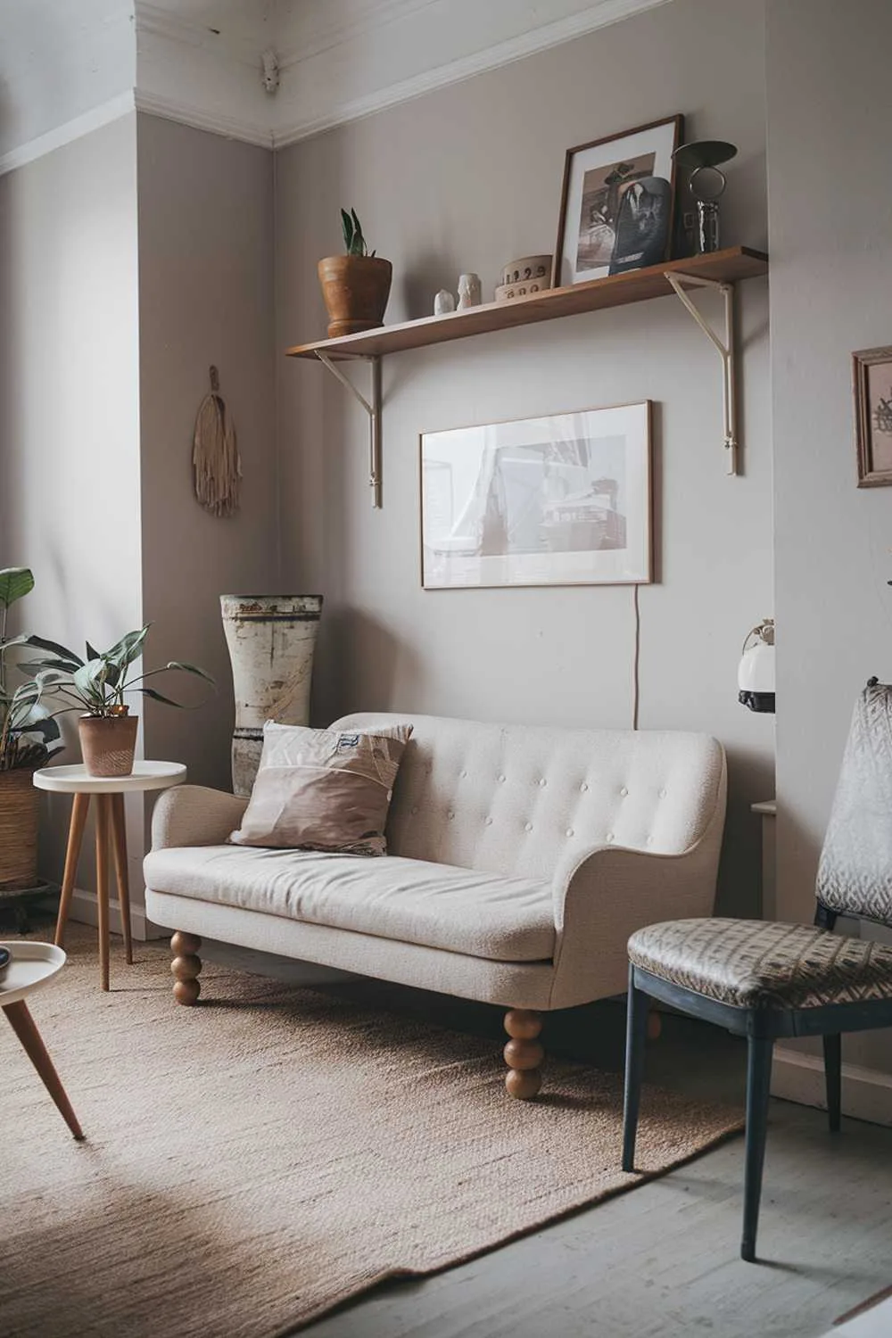 A Scandinavian living room with vintage finds. There's a beige sofa with round wooden legs and a few pillows. On the left, there's a white side table with a plant. On the right, there's a vintage chair with a patterned cushion. The floor is covered with a beige rug. The walls are painted light gray. There's a wooden shelf above the sofa, holding a few items. The room has a warm ambiance.