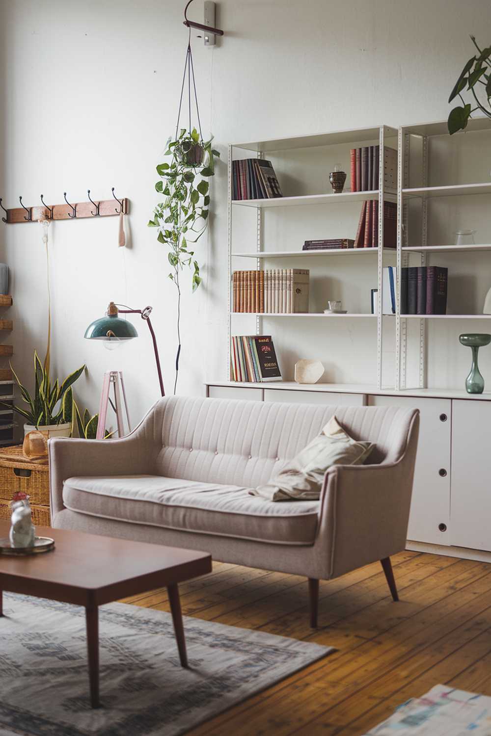 A Scandinavian-style living room with a vintage touch. There's a beige sofa with a few cushions and a brown coffee table in the foreground. Behind the sofa, there's a white bookshelf with a few books and decorative items. There's a vintage lamp with a green shade on the floor beside the coffee table. The room has wooden flooring and a rug. The wall has a few hooks and a hanging plant.