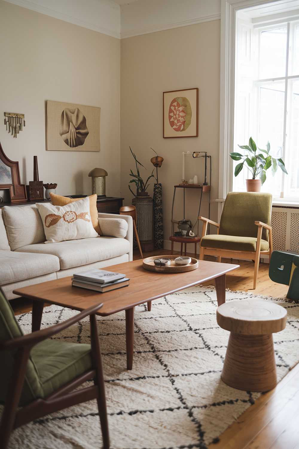 A Scandinavian-style living room with vintage finds. The room has a beige sofa, a wooden coffee table, and a white rug. There are also some vintage items in the room, including a green chair, a wooden stool, and a few decorative items. The walls are painted beige, and there is a potted plant near the window.