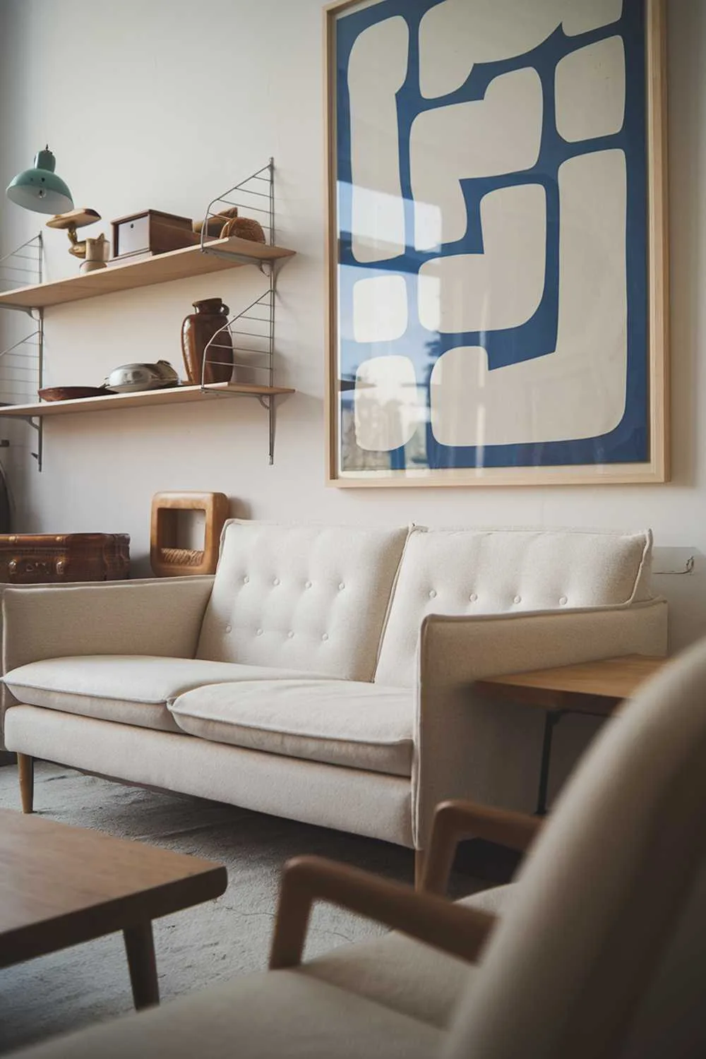 A Scandinavian-style living room with vintage elements. There is a beige sofa with clean lines and a wooden coffee table in the foreground. On the wall behind the sofa, there is a large framed artwork with a blue background and white shapes. There is a wooden shelf above the sofa, holding a few vintage items, including a lamp, a vase, and a wooden box.