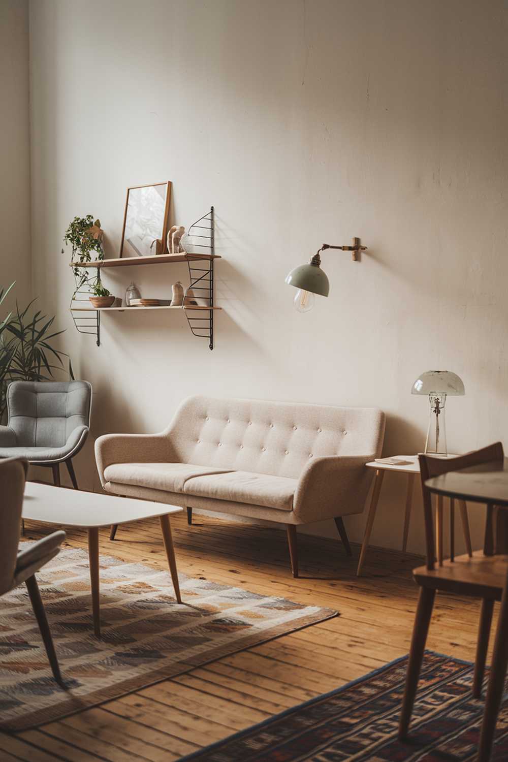 A Scandinavian living room with a vintage touch. There's a beige sofa with wooden legs, a few chairs, a white coffee table, and a side table. On the wall, there's a wooden shelf with decorative items and a vintage lamp. The room has a wooden floor and a patterned rug. There's a plant in the corner. The lighting is soft.