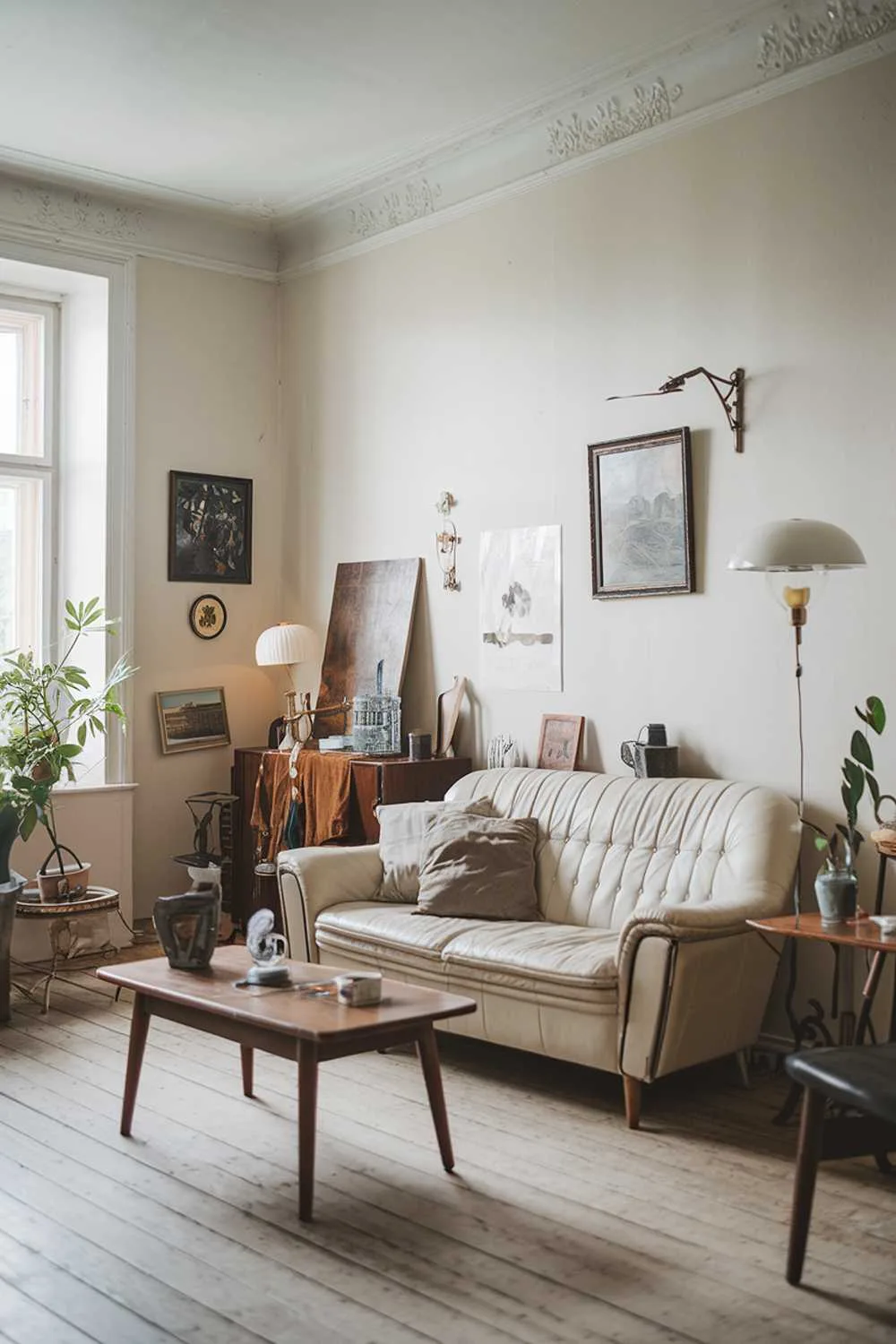 A Scandinavian-style living room with vintage decor. There's a beige sofa with a few pillows and a wooden coffee table in the middle of the room. There are a few vintage items around the room, such as a lamp, a painting, and a few decorative items. The walls are painted white, and there's a plant in the corner. The flooring is wooden.