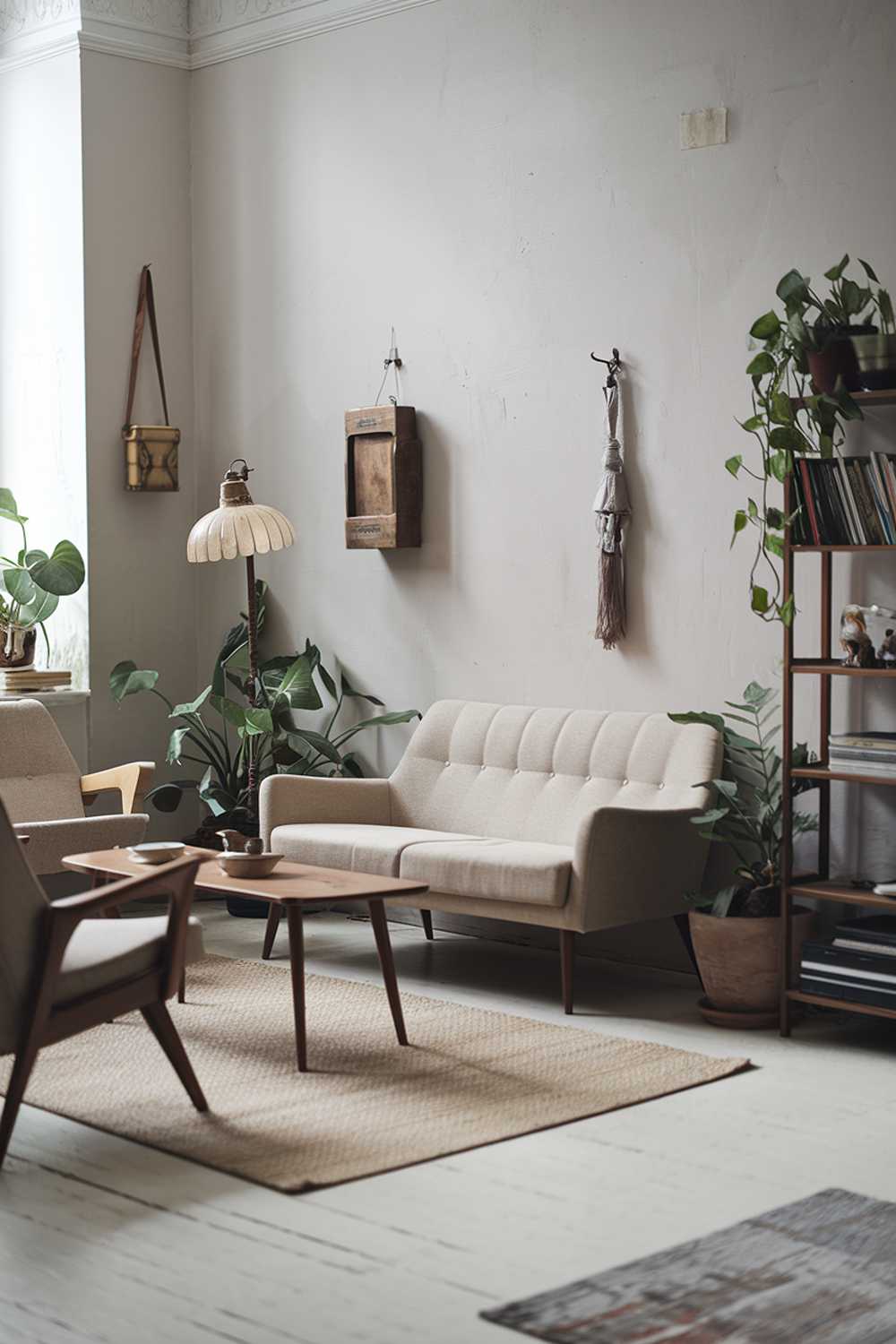 A Scandinavian-style living room with a vintage touch. There's a beige sofa with wooden legs, a few armchairs, and a coffee table made of wood. A vintage lamp with a wooden base and a beige rug are placed on the floor. The walls are painted in light grey and have a few hanging items, including a wooden box and a decorative item. The room has a few potted plants and a wooden shelf with books.