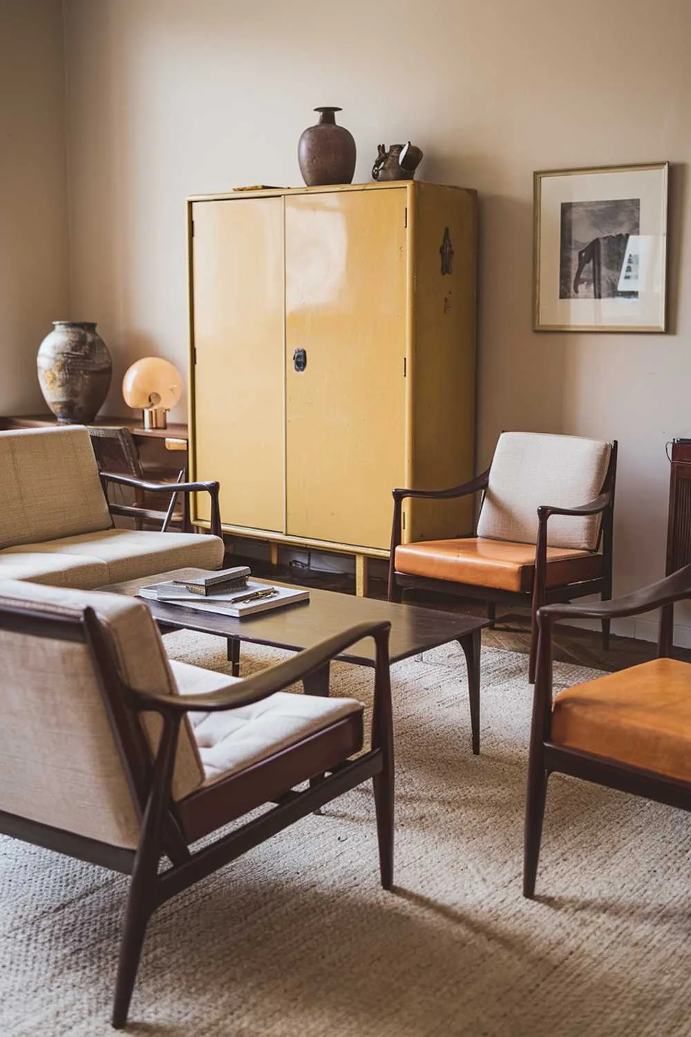 A Scandinavian living room with vintage furniture. There is a beige sofa with dark wooden legs, a few dark wooden chairs with orange seats, and a dark wooden coffee table. There is a vintage yellow cabinet with a few items on top of it. The room has a beige area rug and a few decorative items, including a large vase and a small table lamp. The walls are painted beige.