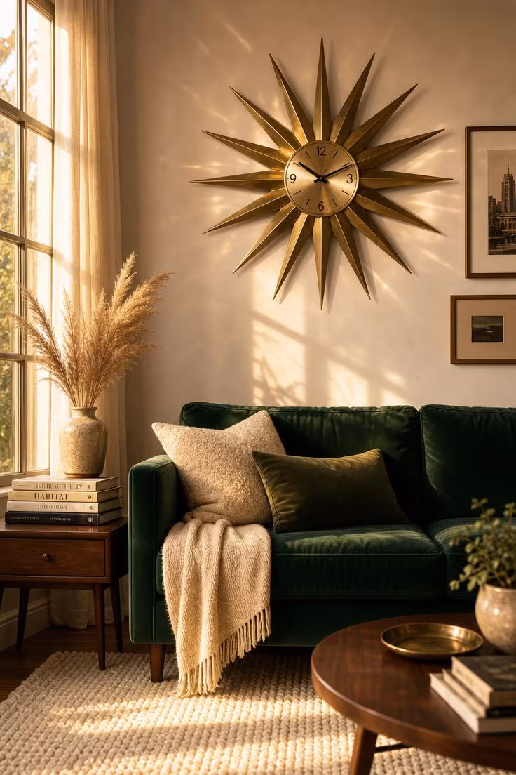 10 Timeless Vintage Wall Decor Ideas for Your Home 1 Brushed brass starburst clock hanging above an emerald velvet sofa in a warm living room with golden afternoon light.