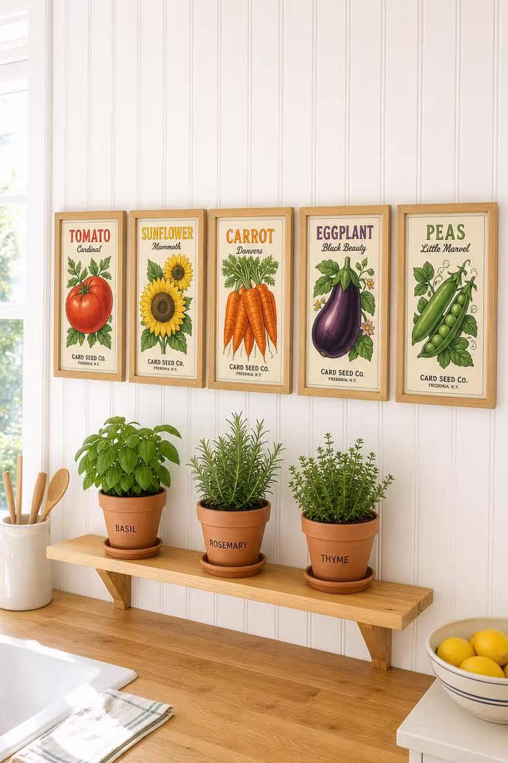 10 Timeless Vintage Wall Decor Ideas for Your Home 2 Five framed vintage seed packet prints in a horizontal row on a white beadboard kitchen wall with herb pots on a shelf below.