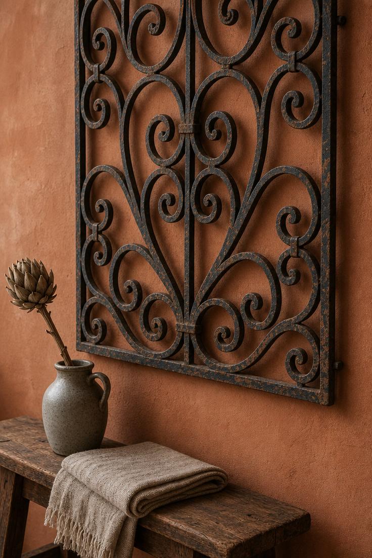 10 Timeless Vintage Wall Decor Ideas for Your Home 3 Close-up of a salvaged wrought iron gate panel with scrollwork mounted on a warm terracotta plaster wall above a wooden bench.