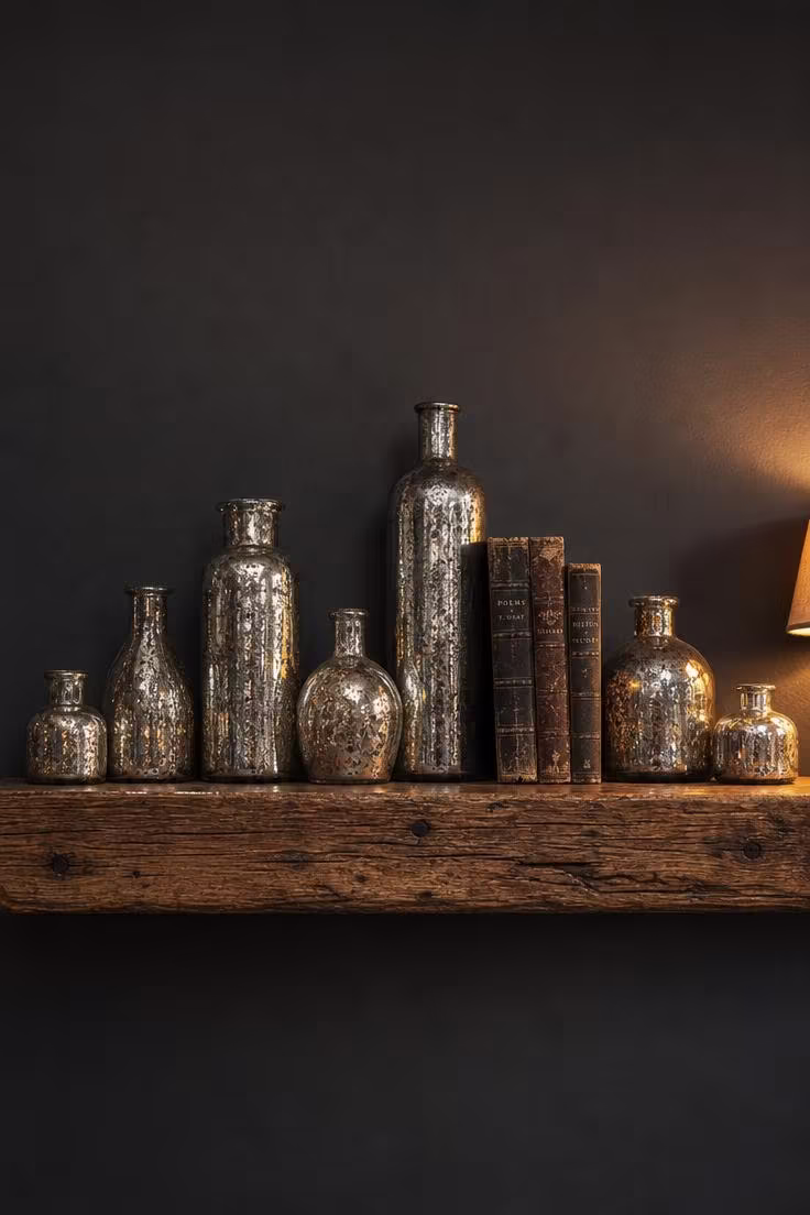 10 Timeless Vintage Wall Decor Ideas for Your Home 4 Seven mercury glass bottles of varying heights on a reclaimed pine shelf against a charcoal wall in warm low evening light.
