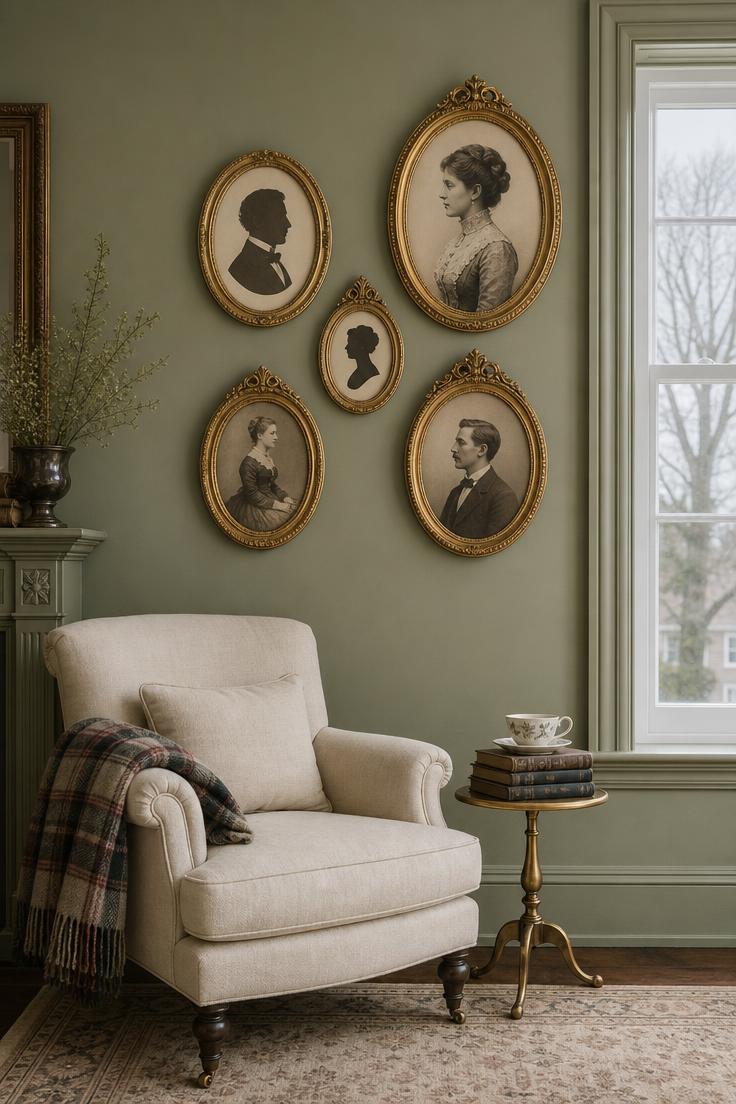 10 Timeless Vintage Wall Decor Ideas for Your Home 5 Five oval gilded frames with Victorian cameo portraits arranged asymmetrically on a sage green wall above a cream linen armchair.