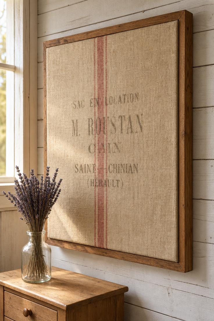 10 Timeless Vintage Wall Decor Ideas for Your Home 6 Close-up of a vintage French grain sack with faded red stripe stretched over a cedar frame on a whitewashed shiplap wall.