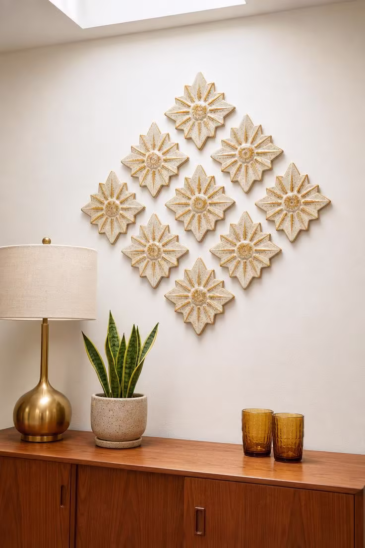 10 Timeless Vintage Wall Decor Ideas for Your Home 7 Nine cream and gold ceramic starburst tiles in a diamond grid above a teak credenza with brass lamp and amber glass tumblers.